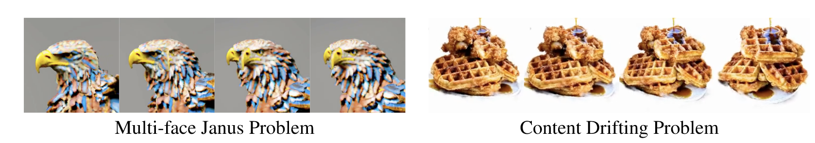 左：“A bald eagle carved out of wood”，鹰有两张脸。右：“a DSLR photo of a plate of fried chicken and waffles with maple syrup on them”，鸡肉逐渐变成了华夫饼。
